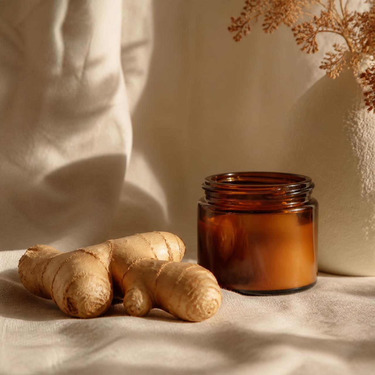 Concept image: fresh ginger root, unlabeled amber glass, and linen in warm natural light